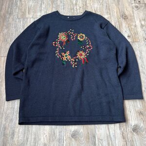 Vintage Christmas Sweater Ugly Blue Patch Embroidery Knit Large Wreath